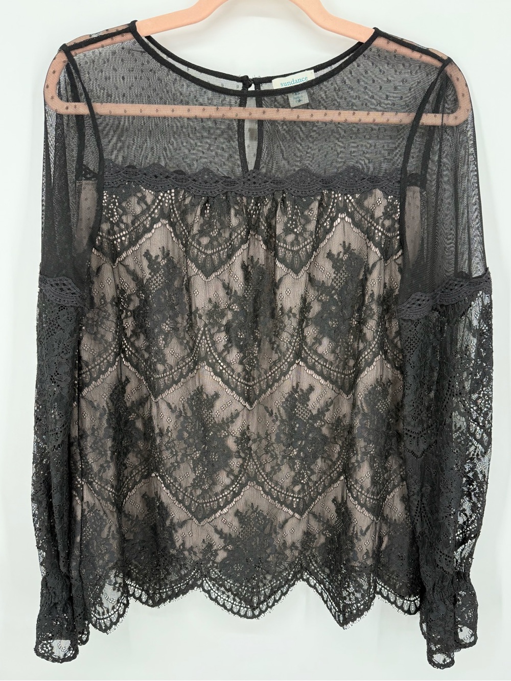 Sundance Women's Black 'Victorian Elegance' Sheer Lace Long Sleeve Blouse XS
